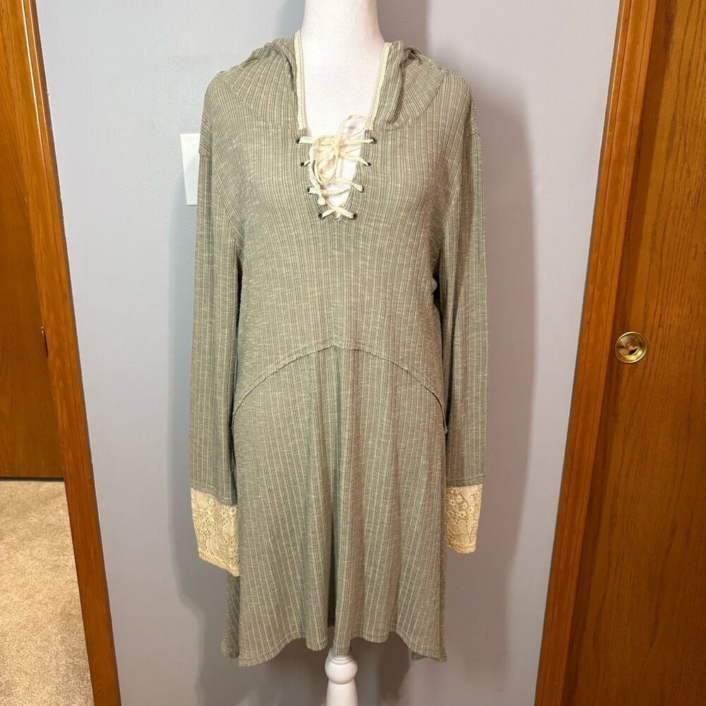 KORI boho soft cotton hoodie lace asymmetrical long sleeve dress green size M